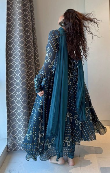 Bold Blue Faux Georgette Digital Printed Gown with Pant and Dupatta Set For Rakhi Ready To Wear Collection