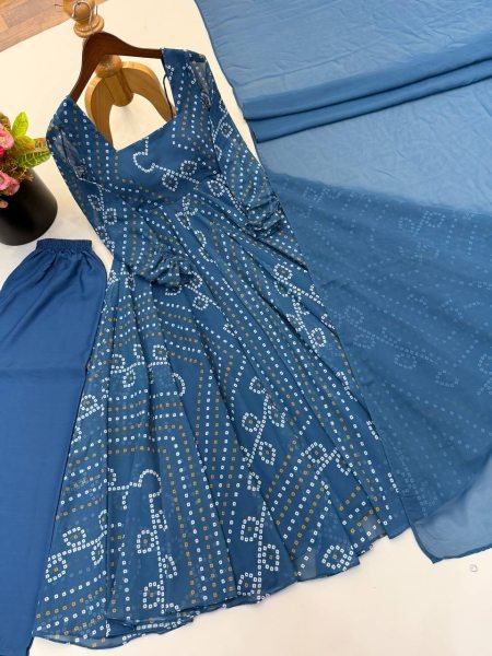 Bold Blue Faux Georgette Digital Printed Gown with Pant and Dupatta Set For Rakhi Ready To Wear Collection