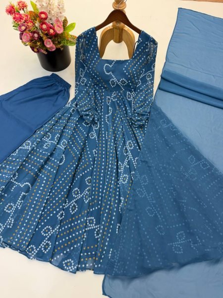 Bold Blue Faux Georgette Digital Printed Gown with Pant and Dupatta Set For Rakhi Ready To Wear Collection