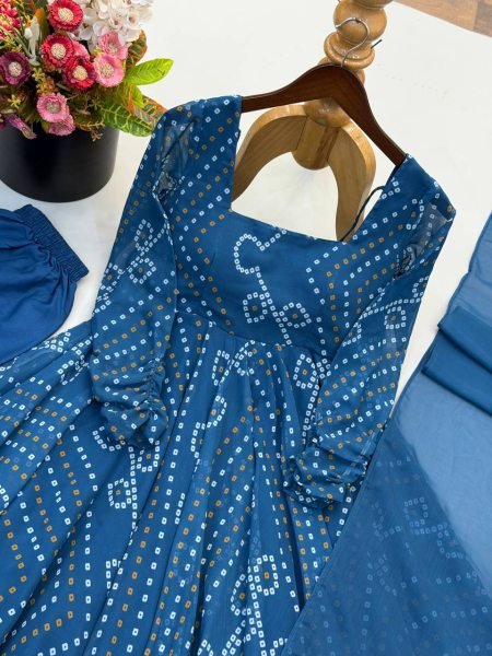 Bold Blue Faux Georgette Digital Printed Gown with Pant and Dupatta Set For Rakhi Ready To Wear Collection