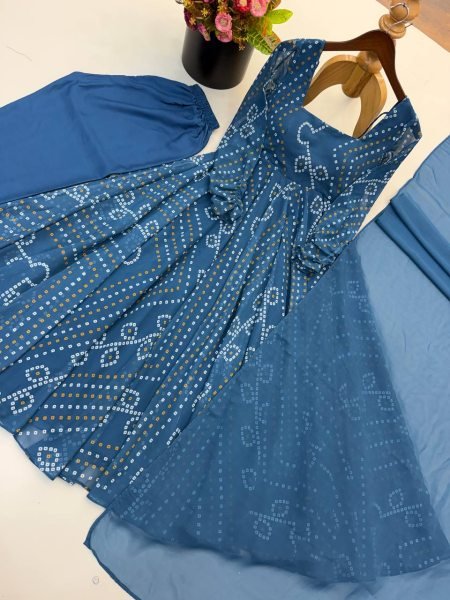 Bold Blue Faux Georgette Digital Printed Gown with Pant and Dupatta Set For Rakhi Ready To Wear Collection