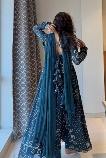 Bold Blue Faux Georgette Digital Printed Gown with Pant and Dupatta Set For Rakhi Ready To Wear Collection