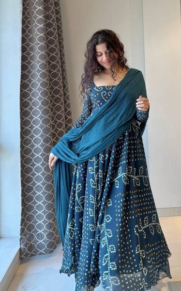Bold Blue Faux Georgette Digital Printed Gown with Pant and Dupatta Set For Rakhi Ready To Wear Collection