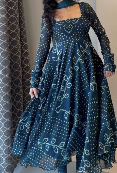 Bold Blue Faux Georgette Digital Printed Gown with Pant and Dupatta Set For Rakhi Ready To Wear Collection