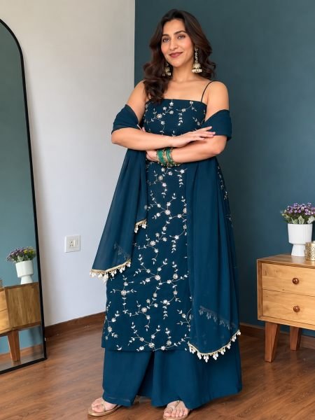 Bold Blue Flux Georgette Embroidered Top with Fully Stitched Plazzo at Wholesale 