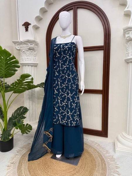 Bold Blue Flux Georgette Embroidered Top with Fully Stitched Plazzo at Wholesale Ready To Wear Collection