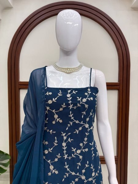 Bold Blue Flux Georgette Embroidered Top with Fully Stitched Plazzo at Wholesale Ready To Wear Collection