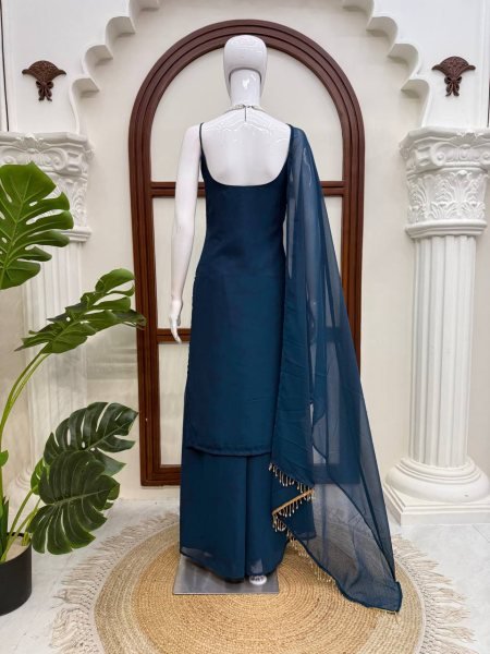 Bold Blue Flux Georgette Embroidered Top with Fully Stitched Plazzo at Wholesale Ready To Wear Collection
