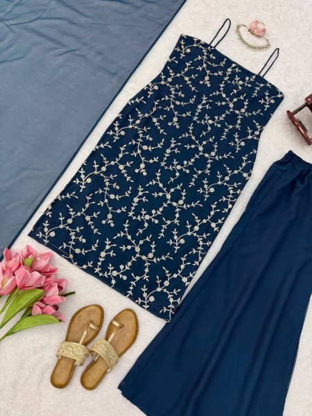 Bold Blue Flux Georgette Embroidered Top with Fully Stitched Plazzo at Wholesale Ready To Wear Collection