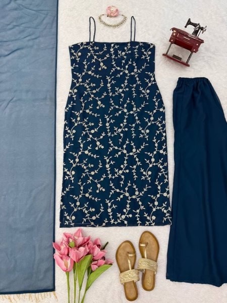 Bold Blue Flux Georgette Embroidered Top with Fully Stitched Plazzo at Wholesale Ready To Wear Collection
