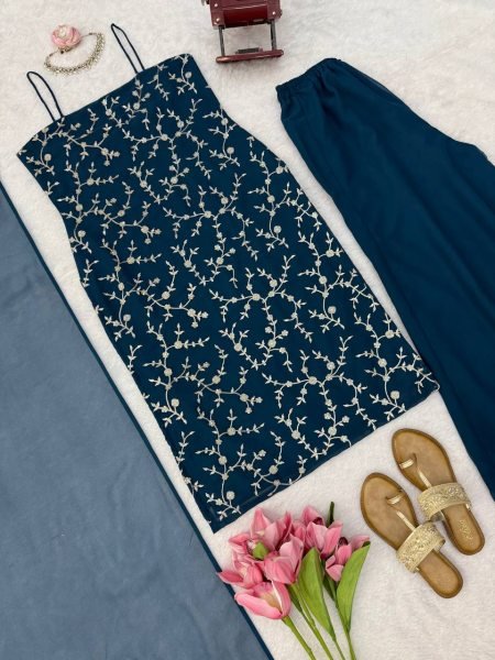 Bold Blue Flux Georgette Embroidered Top with Fully Stitched Plazzo at Wholesale Ready To Wear Collection