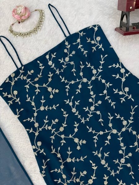 Bold Blue Flux Georgette Embroidered Top with Fully Stitched Plazzo at Wholesale Ready To Wear Collection