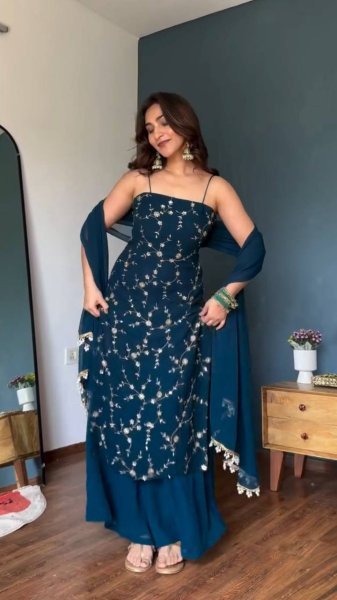 Bold Blue Flux Georgette Embroidered Top with Fully Stitched Plazzo at Wholesale Ready To Wear Collection