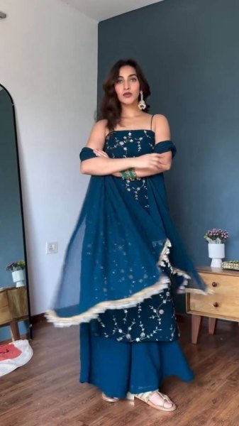 Bold Blue Flux Georgette Embroidered Top with Fully Stitched Plazzo at Wholesale Ready To Wear Collection