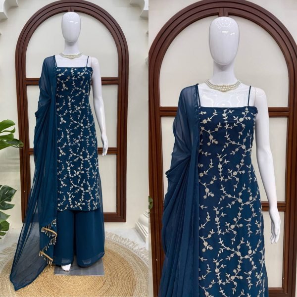 Bold Blue Flux Georgette Embroidered Top with Fully Stitched Plazzo at Wholesale Ready To Wear Collection