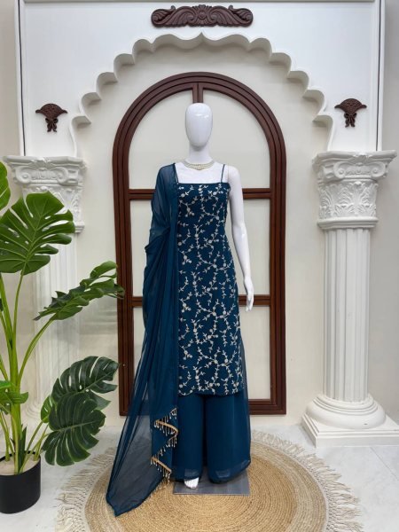 Bold Blue Flux Georgette Embroidered Top with Fully Stitched Plazzo at Wholesale Ready To Wear Collection