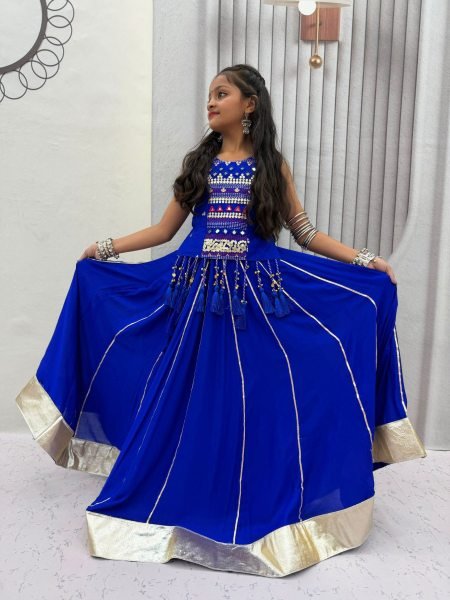 Bold Blue Girls Cotton Lehenga Choli Set with Mirror Handwork and Ribbon Work 