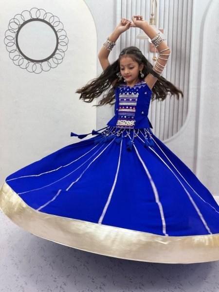 Bold Blue Girls Cotton Lehenga Choli Set with Mirror Handwork and Ribbon Work Girls Wear