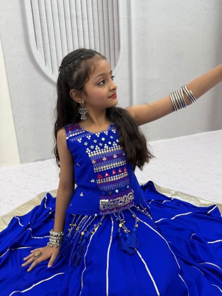 Bold Blue Girls Cotton Lehenga Choli Set with Mirror Handwork and Ribbon Work Girls Wear