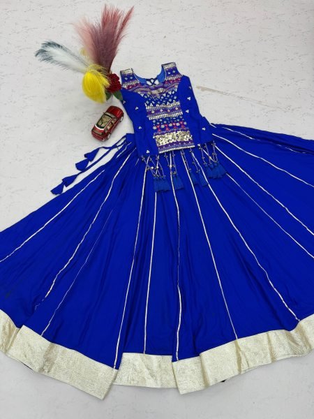 Bold Blue Girls Cotton Lehenga Choli Set with Mirror Handwork and Ribbon Work Girls Wear