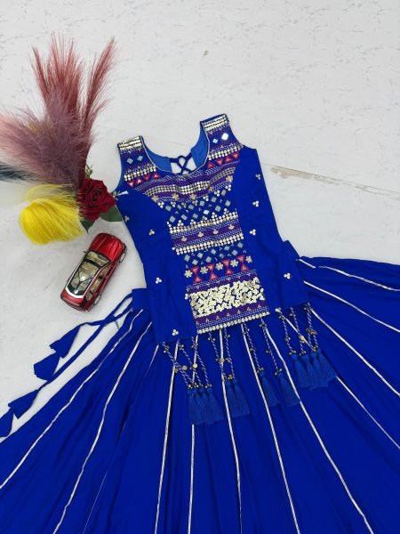 Bold Blue Girls Cotton Lehenga Choli Set with Mirror Handwork and Ribbon Work Girls Wear