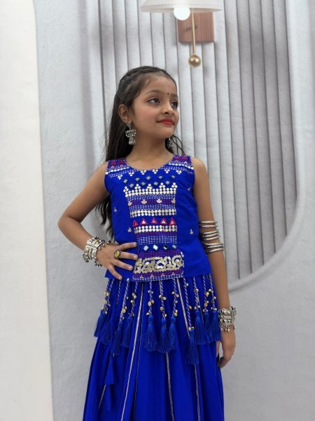 Bold Blue Girls Cotton Lehenga Choli Set with Mirror Handwork and Ribbon Work Girls Wear
