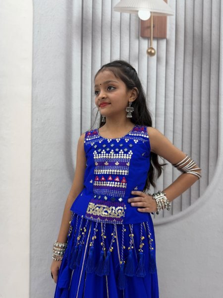 Bold Blue Girls Cotton Lehenga Choli Set with Mirror Handwork and Ribbon Work Girls Wear