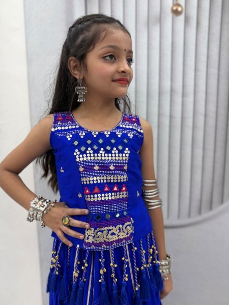 Bold Blue Girls Cotton Lehenga Choli Set with Mirror Handwork and Ribbon Work Girls Wear