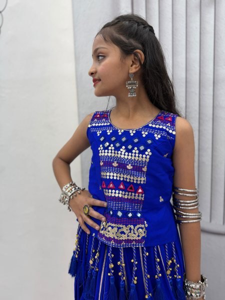 Bold Blue Girls Cotton Lehenga Choli Set with Mirror Handwork and Ribbon Work Girls Wear