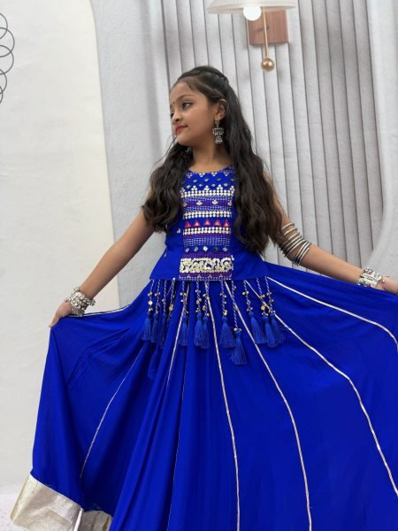 Bold Blue Girls Cotton Lehenga Choli Set with Mirror Handwork and Ribbon Work Girls Wear
