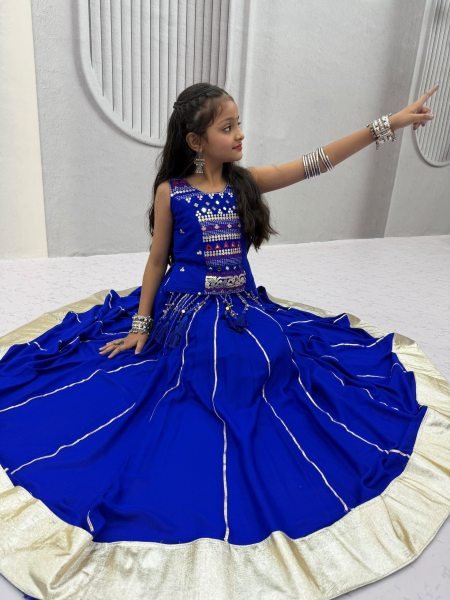 Bold Blue Girls Cotton Lehenga Choli Set with Mirror Handwork and Ribbon Work Girls Wear
