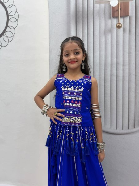 Bold Blue Girls Cotton Lehenga Choli Set with Mirror Handwork and Ribbon Work Girls Wear