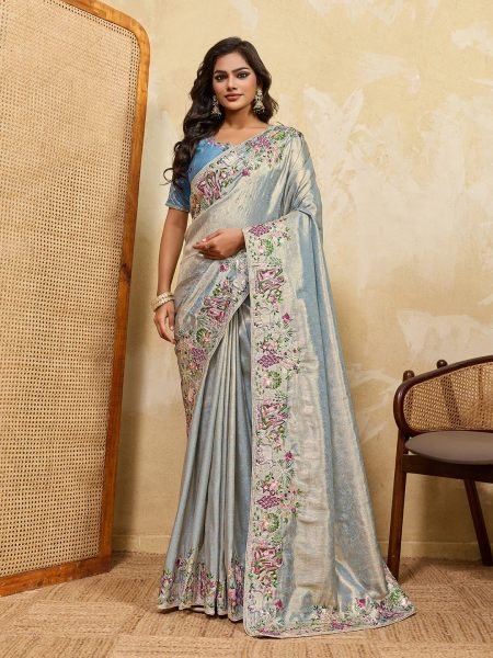 Bold Blue Soft Silk Saree with Heavy Embroidered Blouse for Bridal Functions Designer Wedding Sarees Wholesale