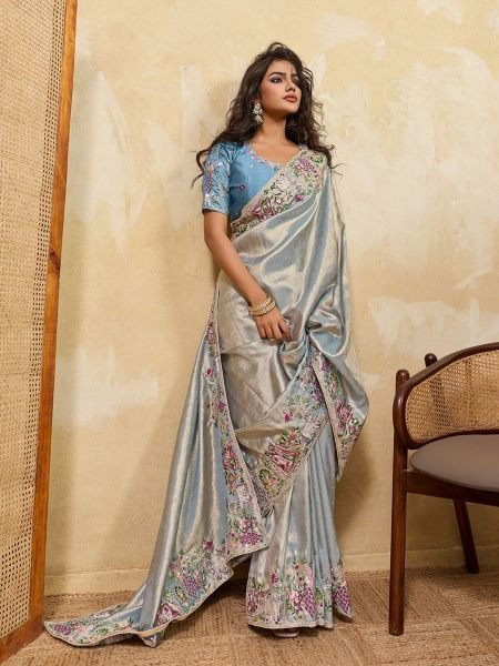 Bold Blue Soft Silk Saree with Heavy Embroidered Blouse for Bridal Functions Designer Wedding Sarees Wholesale