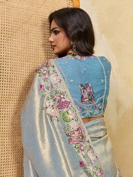 Bold Blue Soft Silk Saree with Heavy Embroidered Blouse for Bridal Functions Designer Wedding Sarees Wholesale