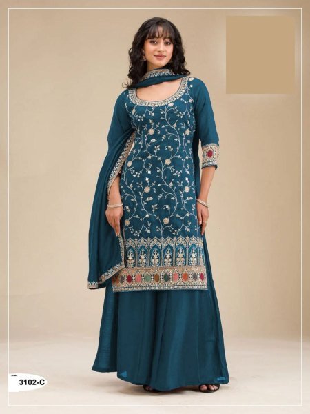 Bold Blue Wedding Special Embroidery Suit Set in Blooming Vichitra Fabric Salwar Kameez