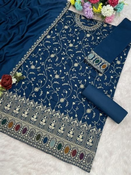Bold Blue Wedding Special Embroidery Suit Set in Blooming Vichitra Fabric Designer Plazzo Salwar Suits Wholesale