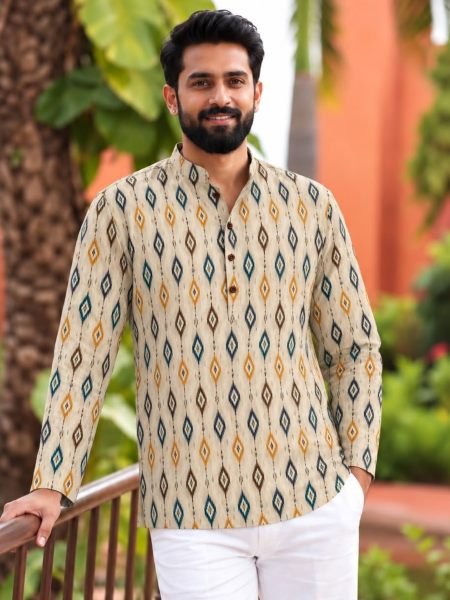 Bold Cream Designer Cotton Print Short Kurta for Men at Wholesale Rate 