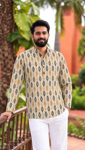 Bold Cream Designer Cotton Print Short Kurta for Men at Wholesale Rate Mens Short Kurta