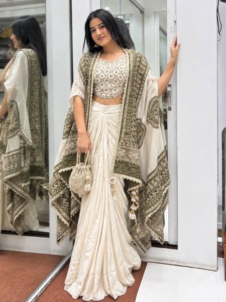 Bold Cream Designer Indo Western Dhoti Set with Real Mirror Work For Wedding Function Sarees 