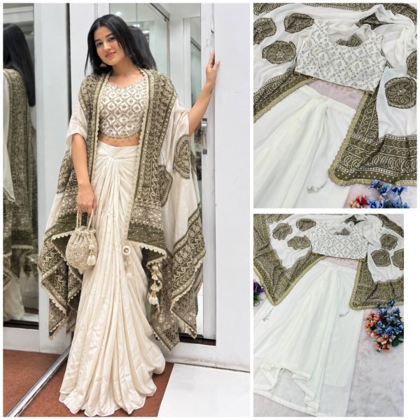 Bold Cream Designer Indo Western Dhoti Set with Real Mirror Work For Wedding Function Ready To Wear Saree 