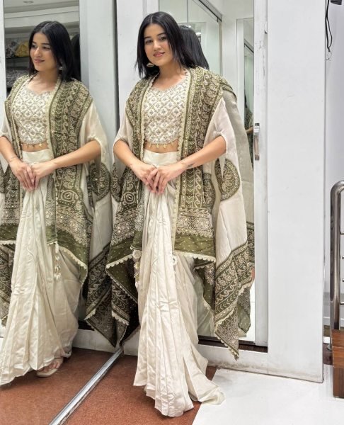 Bold Cream Designer Indo Western Dhoti Set with Real Mirror Work For Wedding Function Ready To Wear Saree 