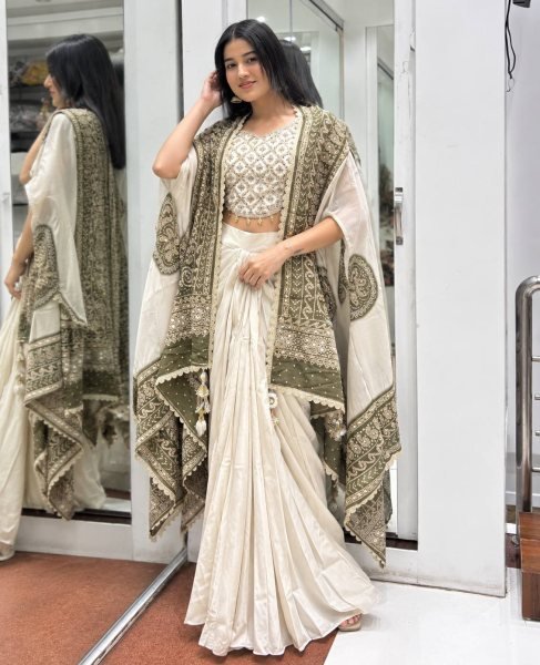 Bold Cream Designer Indo Western Dhoti Set with Real Mirror Work For Wedding Function Ready To Wear Saree 