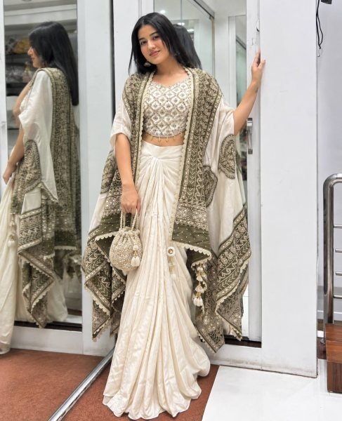 Bold Cream Designer Indo Western Dhoti Set with Real Mirror Work For Wedding Function Ready To Wear Saree 
