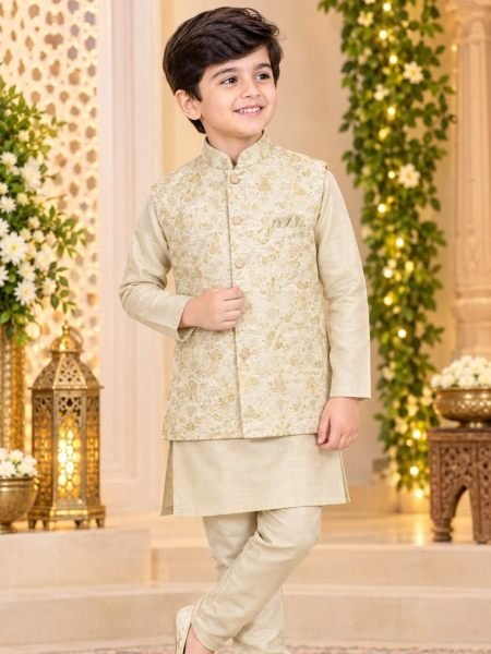 Bold Cream Heavy Jacquard Koti with Silk Kurta Pyjama for Kids 