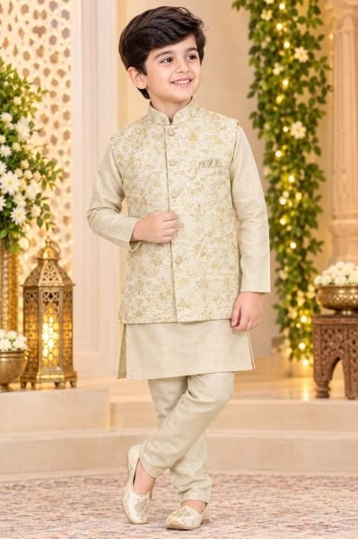 Bold Cream Heavy Jacquard Koti with Silk Kurta Pyjama for Kids Boys Wear