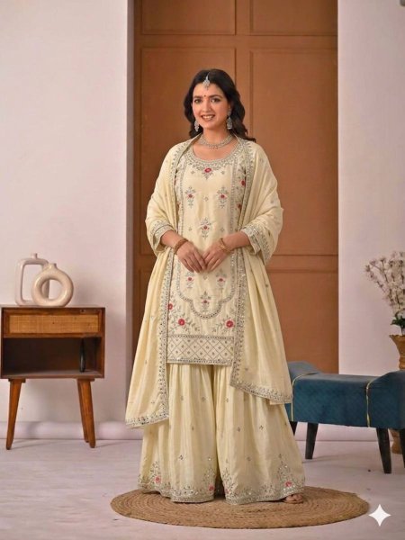 Bold Cream Natural Crepe Suit Collection for Boutique and Reseller Buyers Ready To Wear Suit