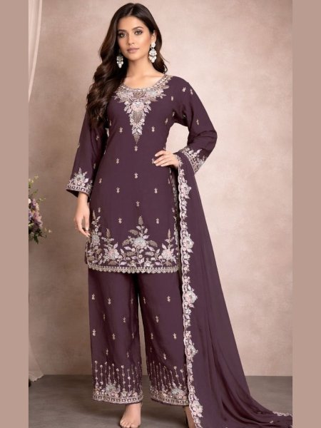 Bold Dusty Mauve Rangoli Crush Suit with Embroidered Palazzo and Dupatta 