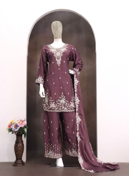 Bold Dusty Mauve Rangoli Crush Suit with Embroidered Palazzo and Dupatta Designer Plazzo Salwar Suits Wholesale
