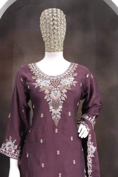Bold Dusty Mauve Rangoli Crush Suit with Embroidered Palazzo and Dupatta Designer Plazzo Salwar Suits Wholesale